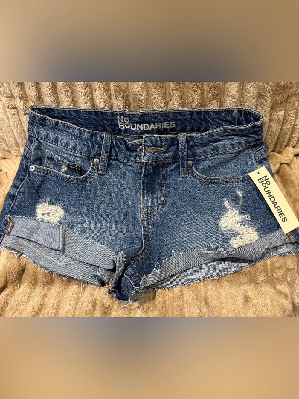 No Boundaries Distressed Dark Blue Denim Roll-Cuff Shorts